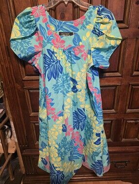 Hawaiian Reserve Collection Muumuu Turquoise Tropical Floral Puff Sleeve Medium